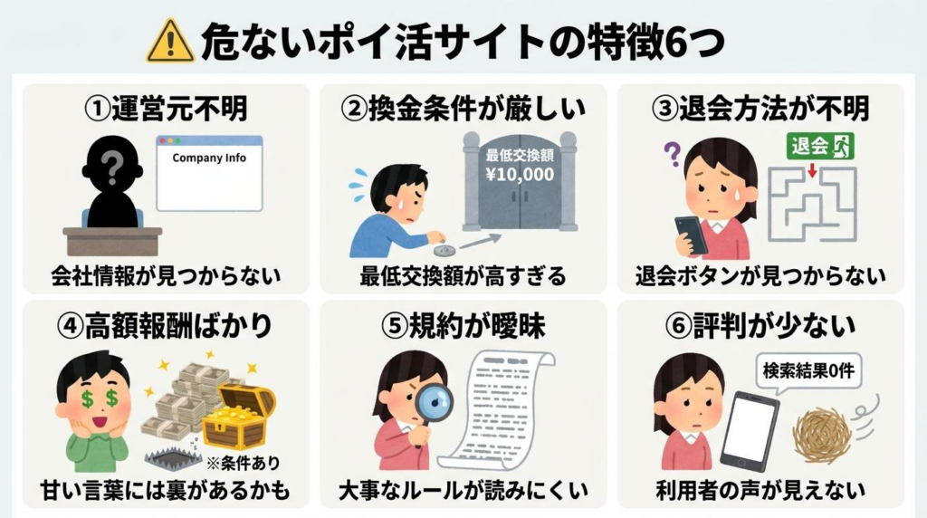 危ないポイ活サイトの特徴6つをまとめた注意喚起の図解
