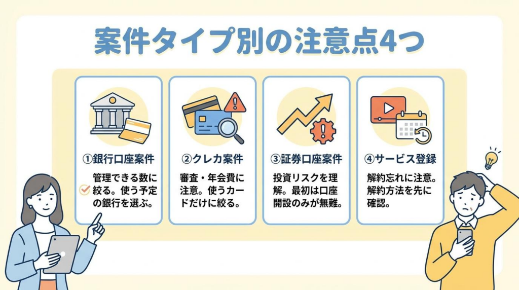 銀行口座やクレカ案件など高還元案件タイプ別の注意点図解