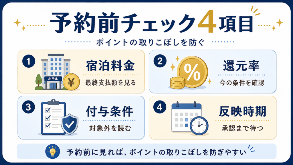 ホテル予約前に確認する宿泊料金・還元率・付与条件・反映時期の4項目