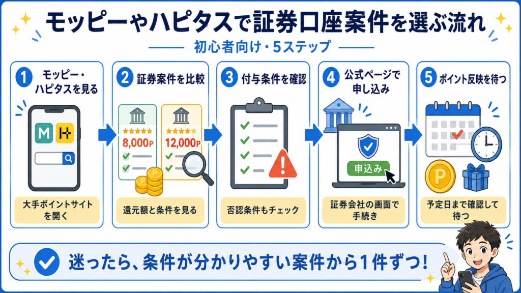 モッピーやハピタスで証券口座案件を選ぶ流れ
