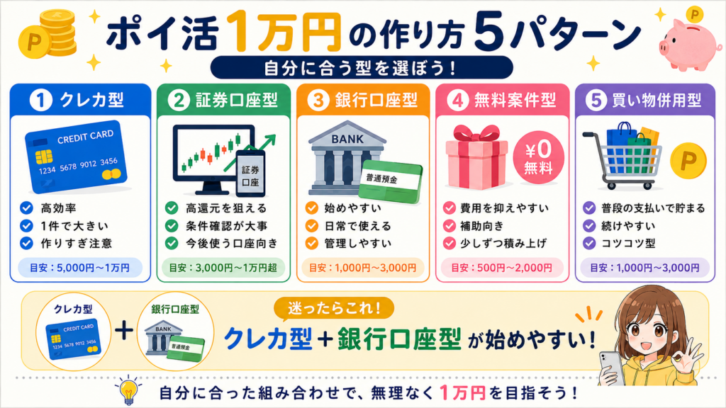 ポイ活で1万円を作るクレカ型・証券口座型・銀行口座型など5つの組み合わせ例