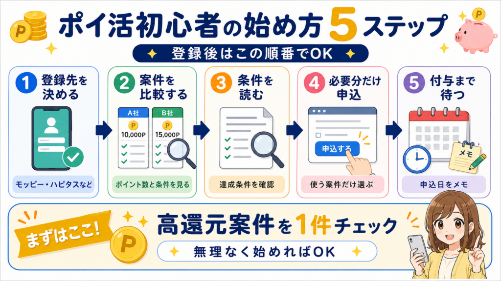 ポイ活初心者が登録後に進める5ステップを解説した図解
