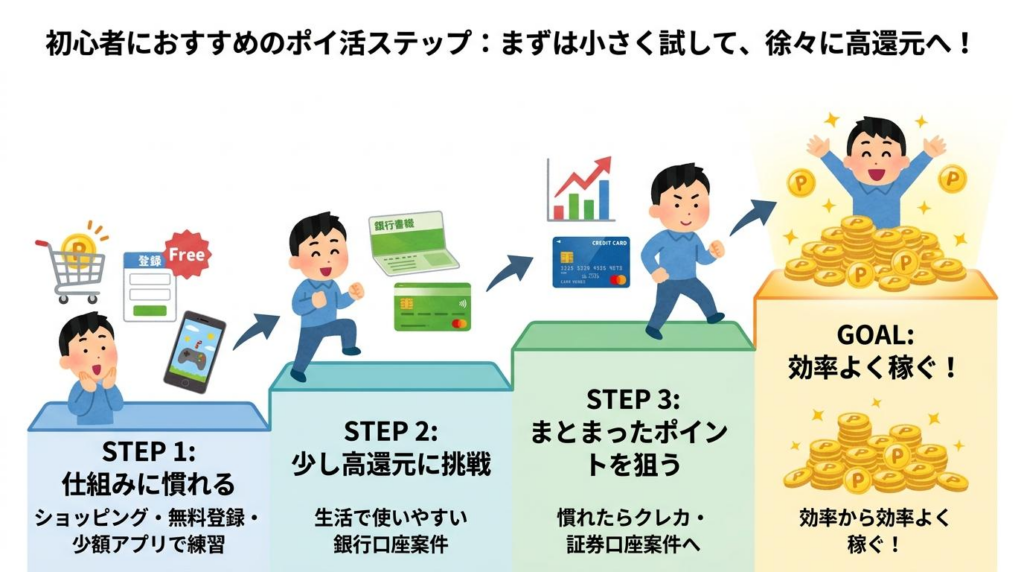 ポイ活初心者が小さく試して高還元案件へ進む手順の図解