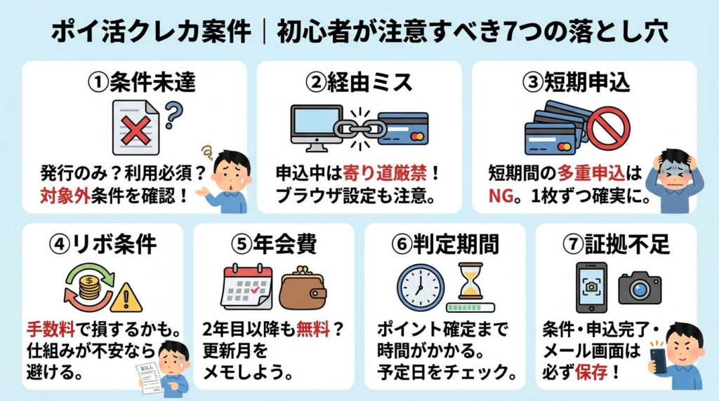 ポイ活クレジットカード案件で初心者が注意したい7つの落とし穴を解説した図解