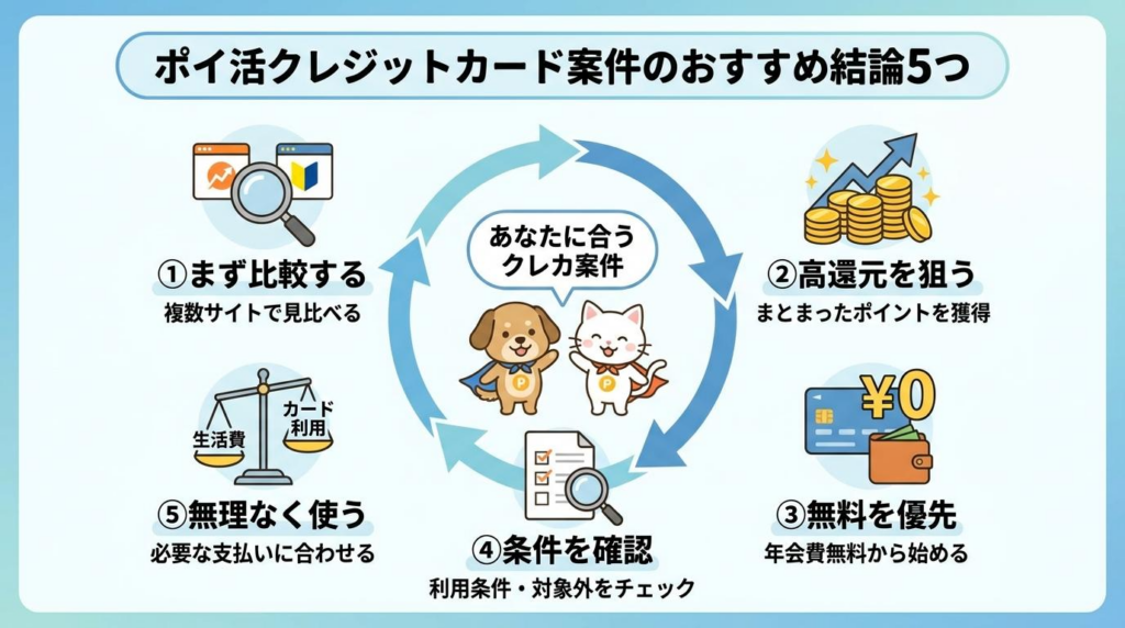 ポイ活クレジットカード案件で失敗しないためのおすすめ結論5つをまとめた図解