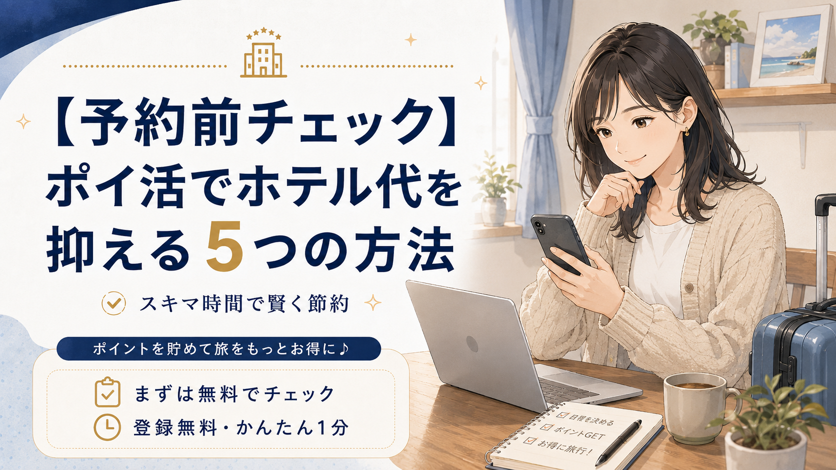 ポイ活でホテル代を抑える方法をスマホで確認する女性のイラスト