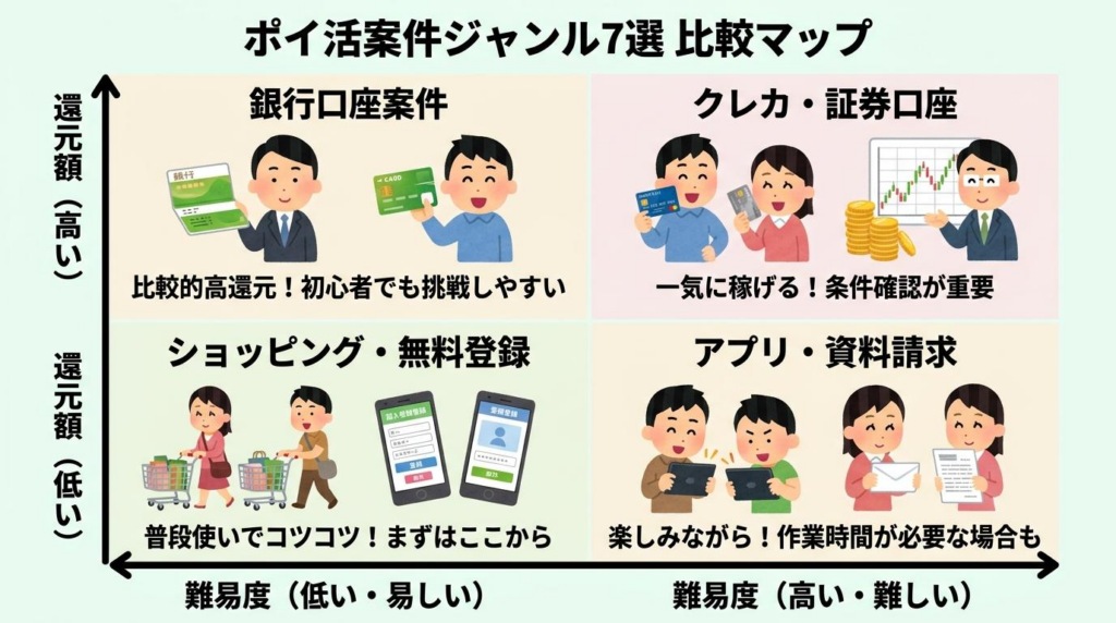 ポイ活案件ジャンル7選を還元額と難易度で比較した図解