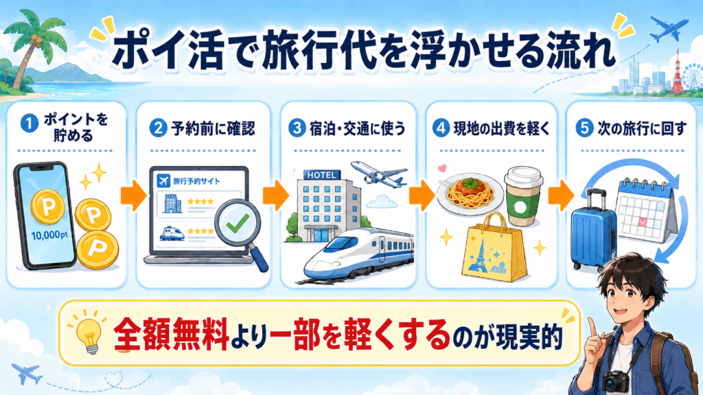 ポイ活で旅行代を浮かせる流れを5ステップで解説した図解