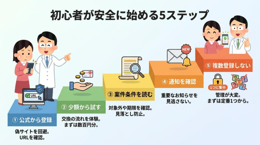 初心者が安全にポイ活を始める5ステップを解説した図解