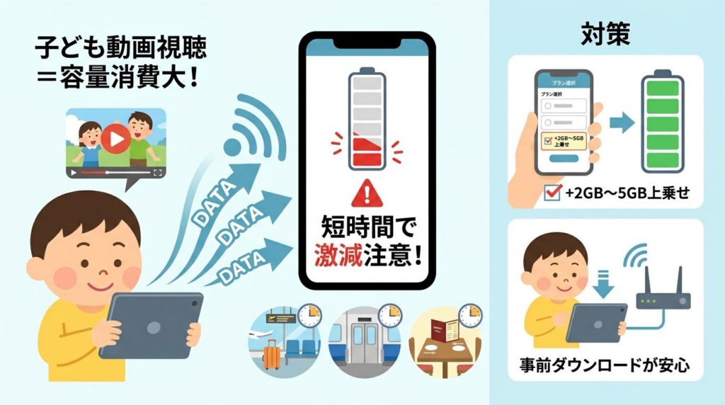 台湾eSIMで子どもの動画視聴が容量消費につながることを解説した図解