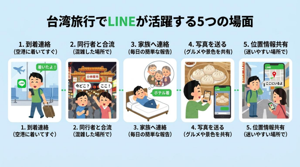 台湾旅行でLINEが役立つ到着連絡や合流や写真送信など5つの場面をまとめた図解