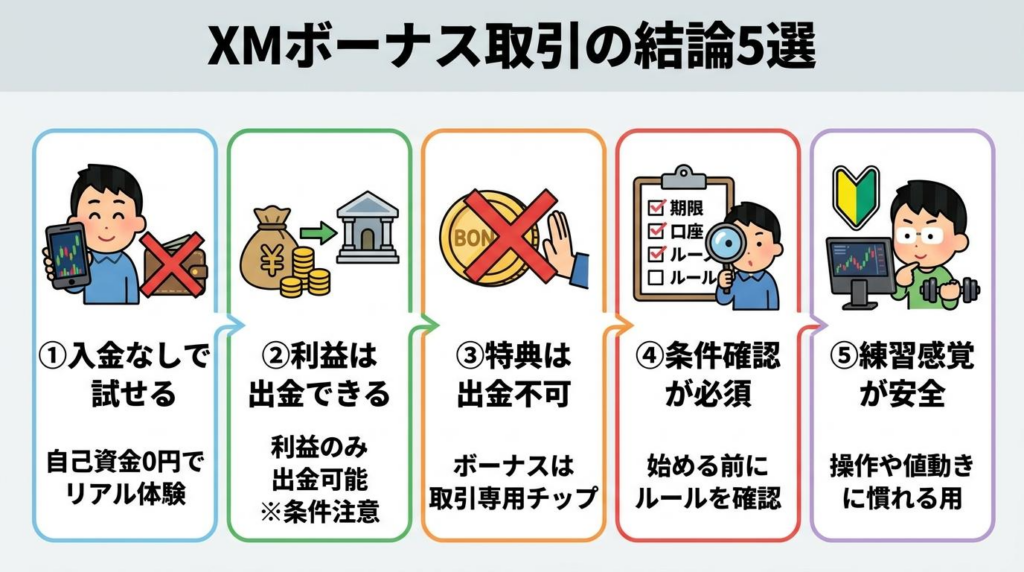 XMボーナスだけで取引する前に知るべき結論5選をまとめた図解