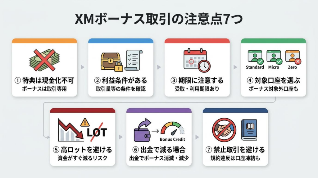 XMボーナス取引で注意すべき7つのポイントをまとめた図解