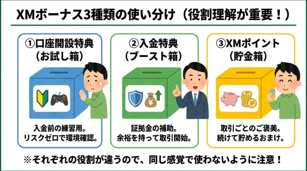 XMボーナス3種類の役割と使い分け
