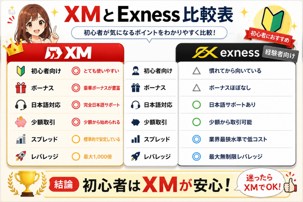 XMとExnessのボーナスやスプレッドなどを比較した図解