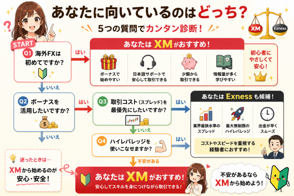 XMとExnessのどちらが向いているか診断できる図解