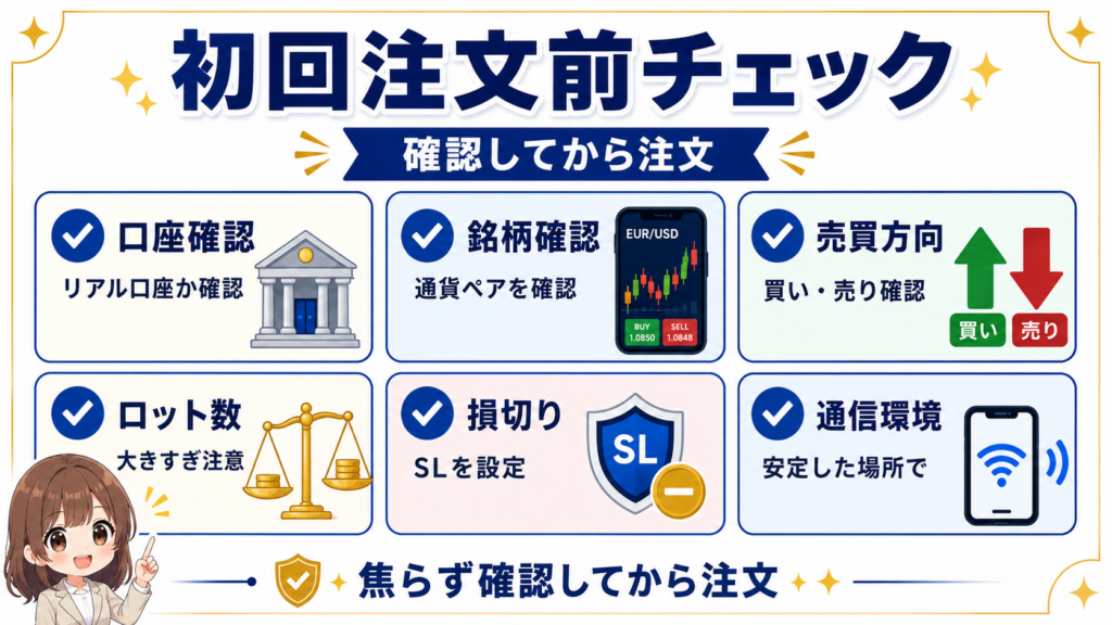 XMのスマホ取引で初回注文前に確認する口座や銘柄やロット数のチェックリスト