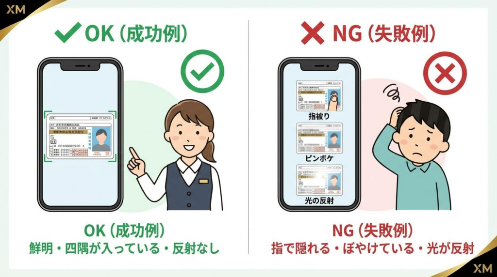 XM本人確認で書類提出に成功する例と失敗する例を比較した図解