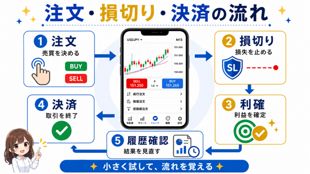 XMのMT5スマホアプリで注文から損切り設定と決済までの流れを示した図解