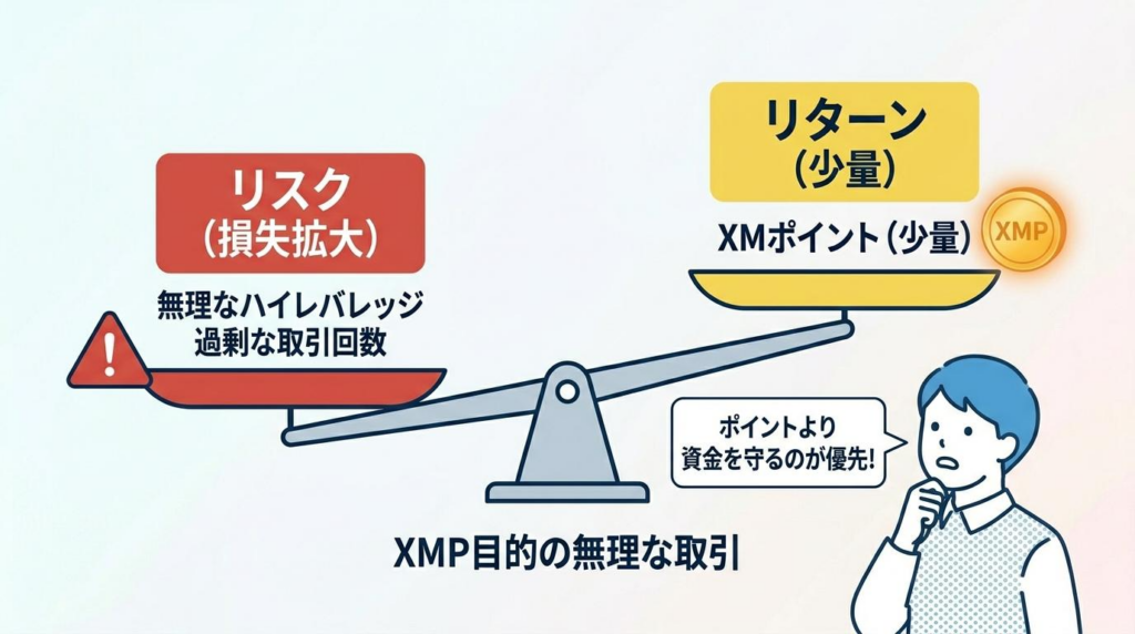XMポイント目的の無理な取引ではリスクがリターンを上回りやすいことを示す図解