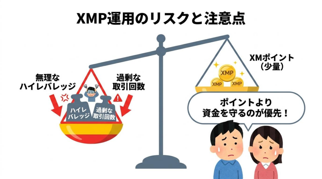 XMP運用ではポイントより資金を守ることが大切だと示すリスクと注意点の図解