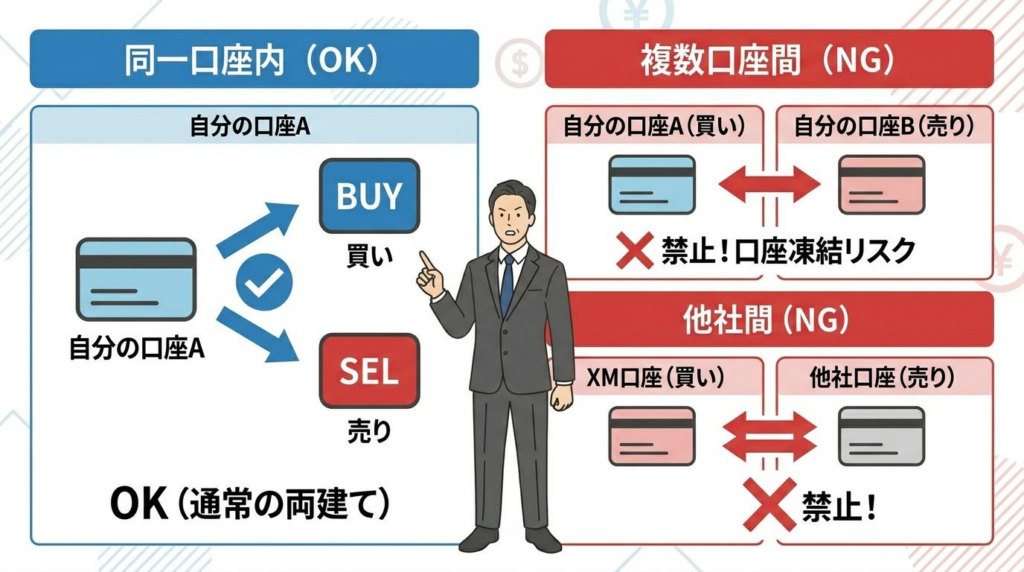 XMスキャルピングで同一口座内の両建てと複数口座間・他社間の禁止例を比較した図解