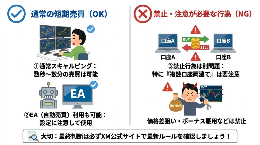 XMスキャルピングで可能な通常の短期売買と注意が必要な禁止行為を比較した図解