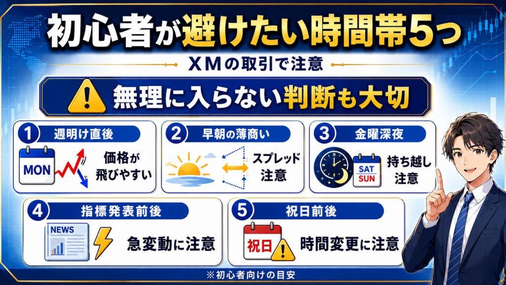 XM初心者が避けたい週明け直後・早朝・金曜深夜などの時間帯をまとめた図解