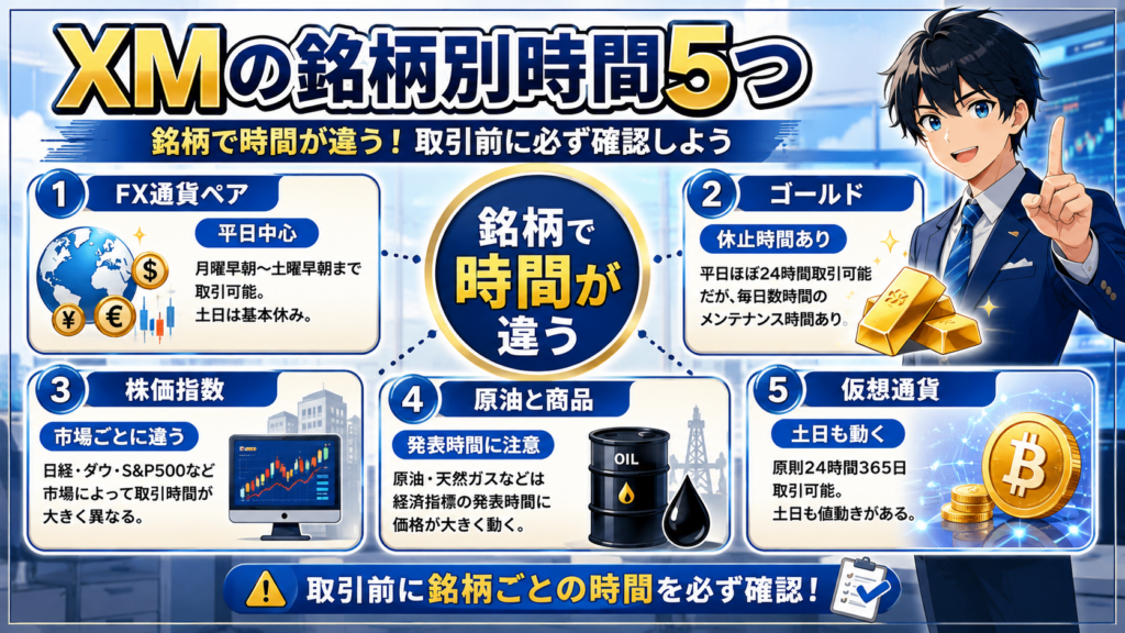 XMのFX通貨ペア・ゴールド・株価指数・原油・仮想通貨の取引時間の違いをまとめた図解