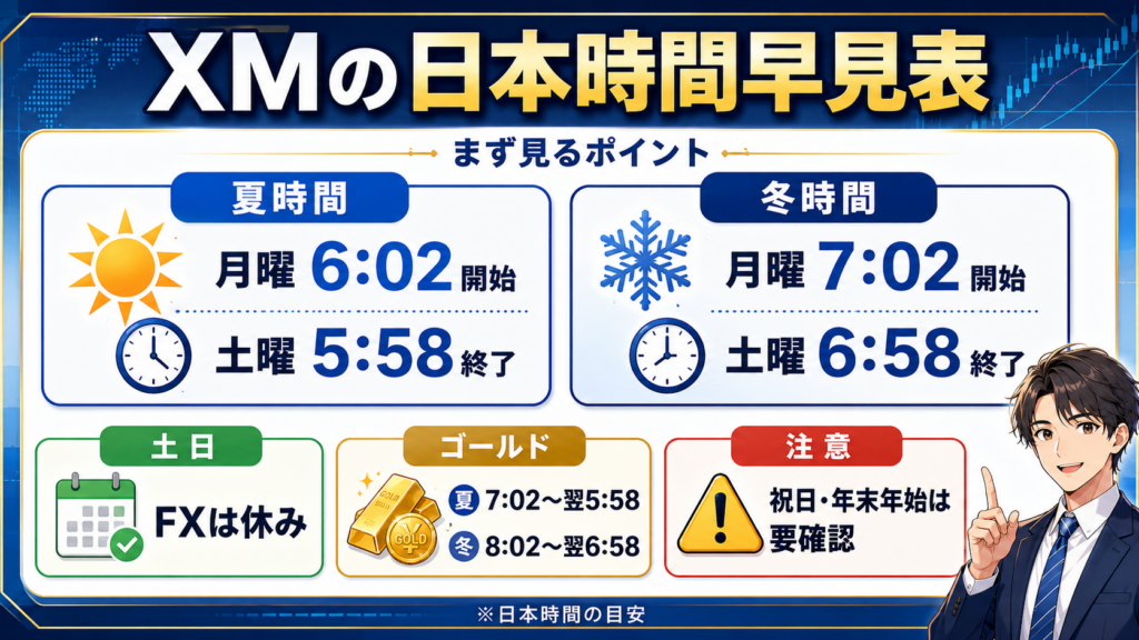 XMの取引時間を夏時間・冬時間・土日・ゴールドの目安でまとめた図解