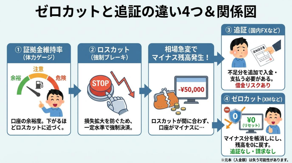 XMのゼロカットと追証の違いを証拠金維持率、ロスカット、マイナス残高、追証なしの流れで解説した図解