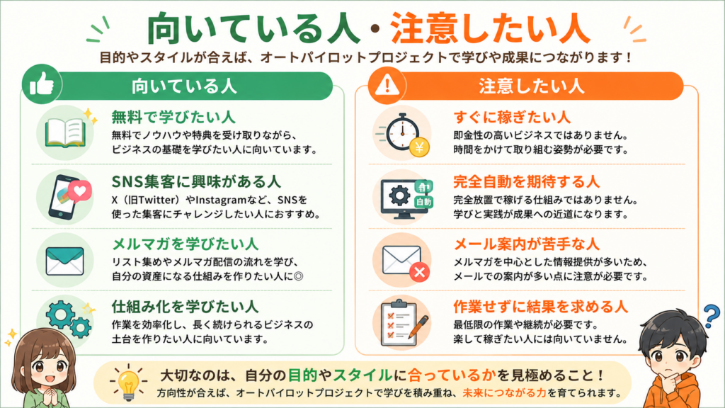 オートパイロットプロジェクトが向いている人と注意したい人を比較した図解