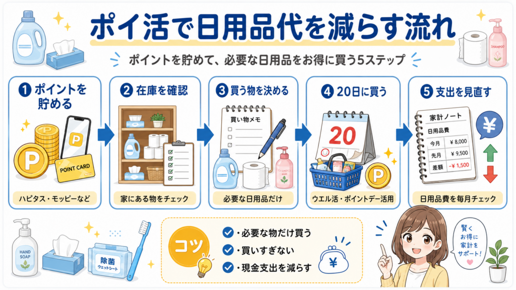 ポイントを貯めて日用品代を減らす流れを5ステップで示した図解