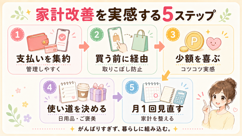 ポイ活で家計改善を実感する5ステップを示した図解
