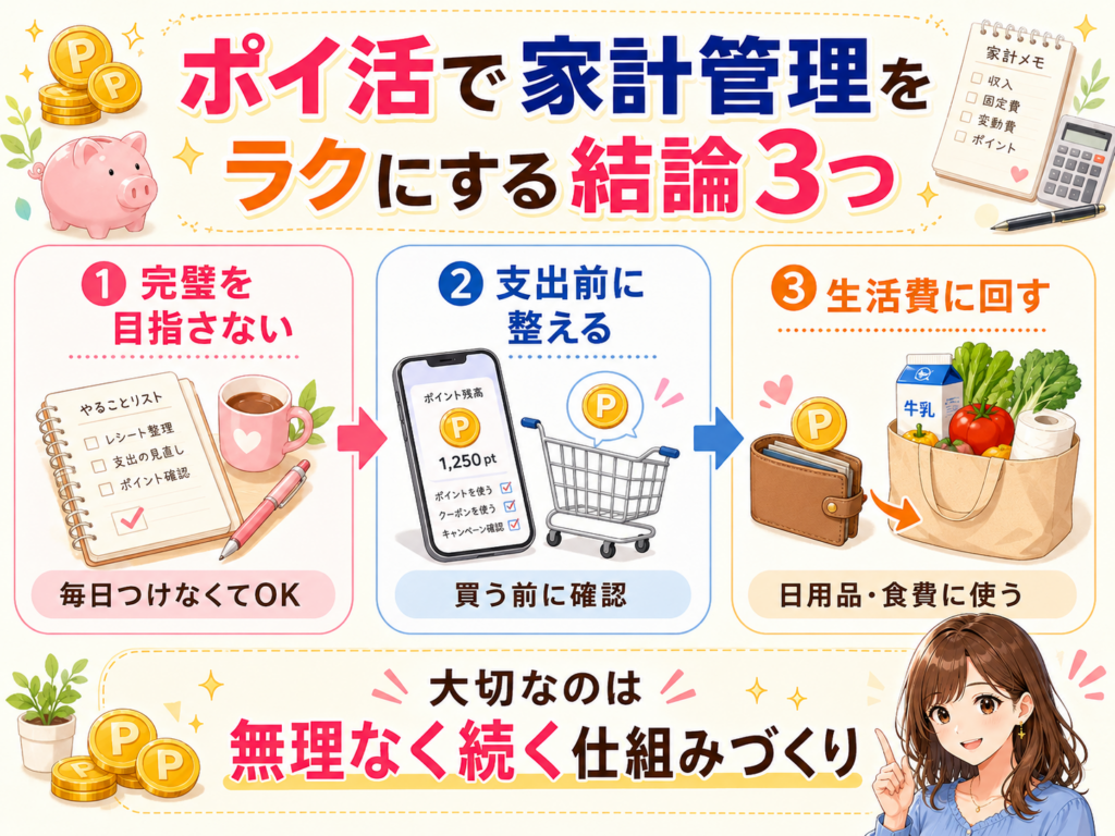 ポイ活で家計管理をラクにする3つの結論をまとめた図解