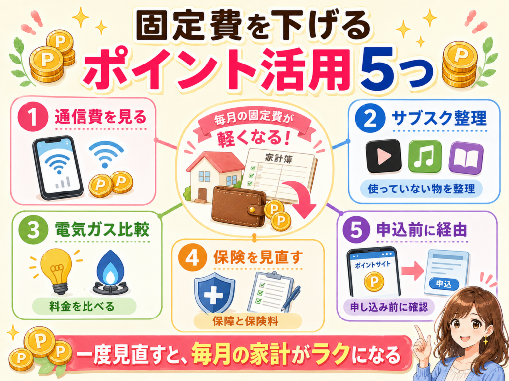 固定費を下げるためのポイント活用5つをまとめた図解
