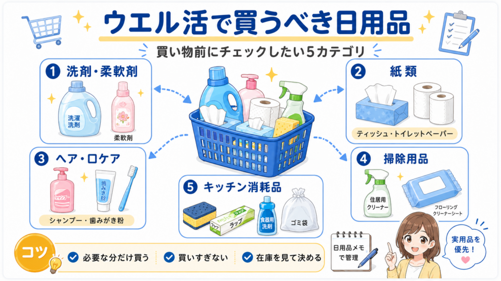 ウエル活で買うべき洗剤や紙類などの日用品リストをまとめた図解