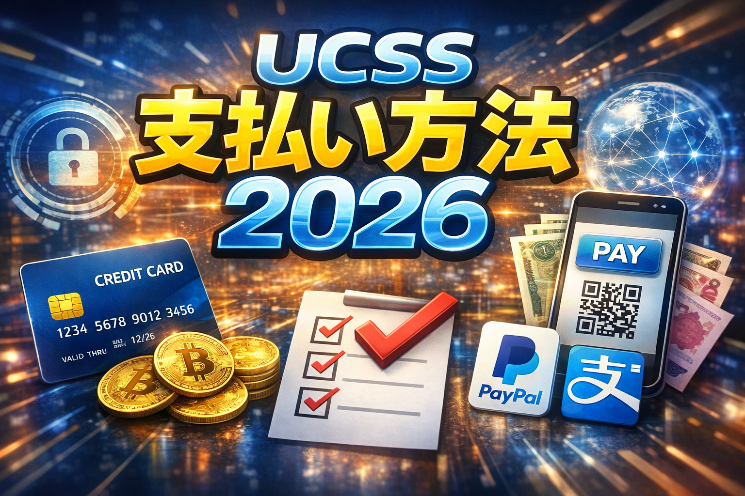UCSSの支払い方法2026を示すアイキャッチ画像。クレジットカード、ビットコイン、PayPal、Alipayのアイコンとチェックリスト、QR決済のスマホが並ぶ。
