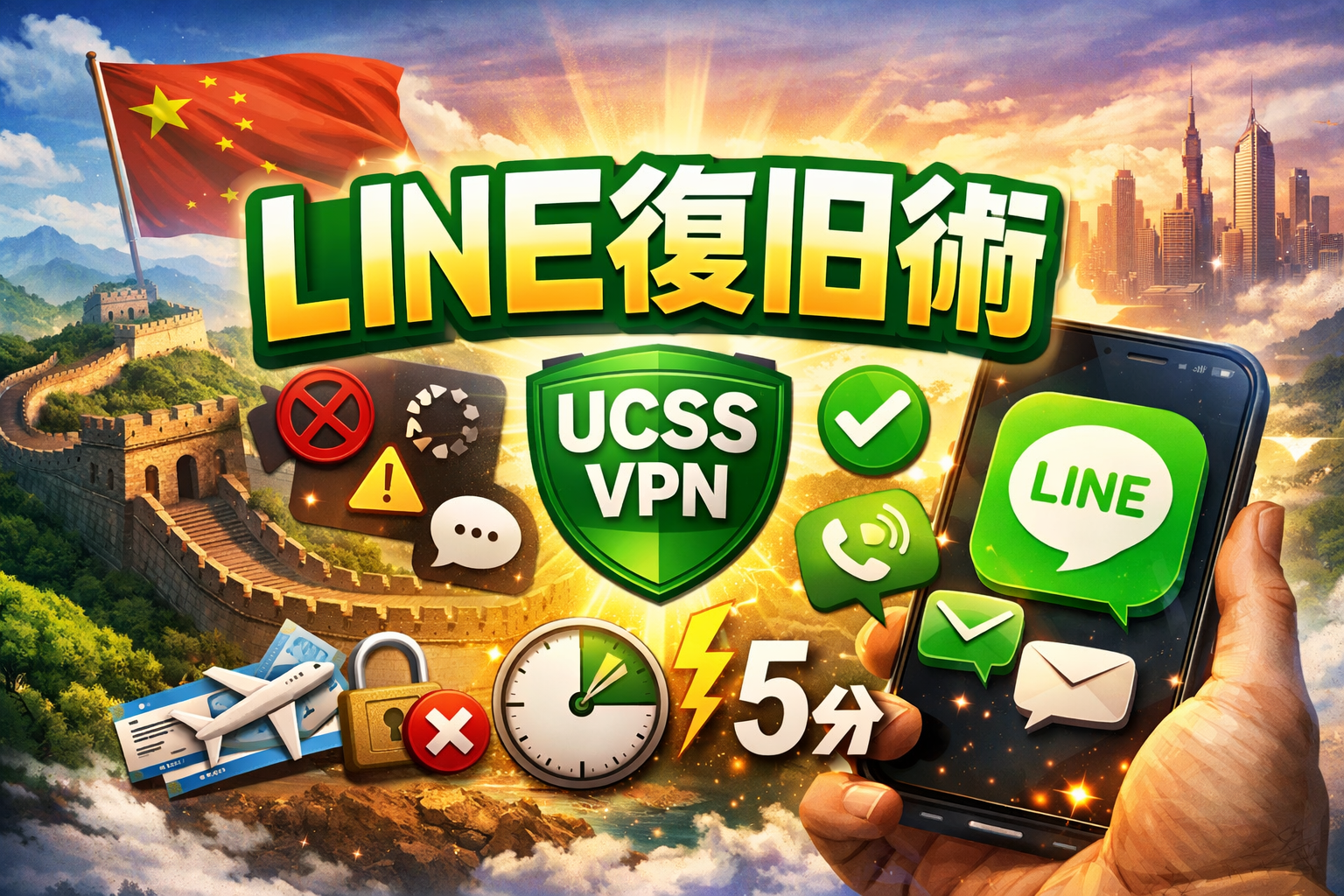 UCSS中国でLINEを復旧する方法を示すアイキャッチ画像（中国規制×VPN対策）