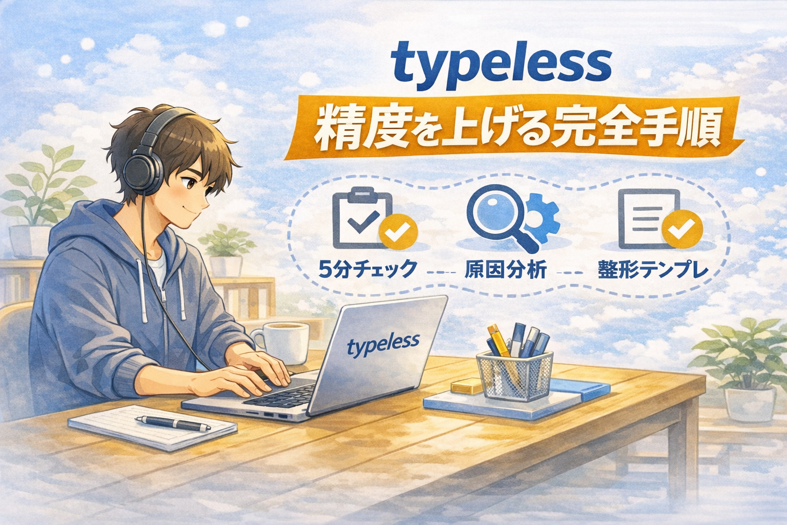 Typelessの文字起こし精度を上げる完全手順を解説するアイキャッチ画像（5分チェック・原因分析・整形テンプレ）