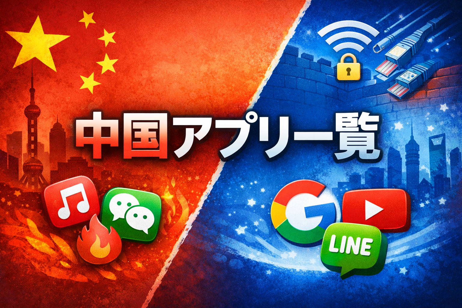 中国で使える・使えないアプリを赤（中国）×青（セキュリティ）で対比したアイキャッチ。中国国旗と万里の長城、鍵と盾、Google・YouTube・LINEのアイコンが描かれた「中国アプリ一覧」サムネイル。