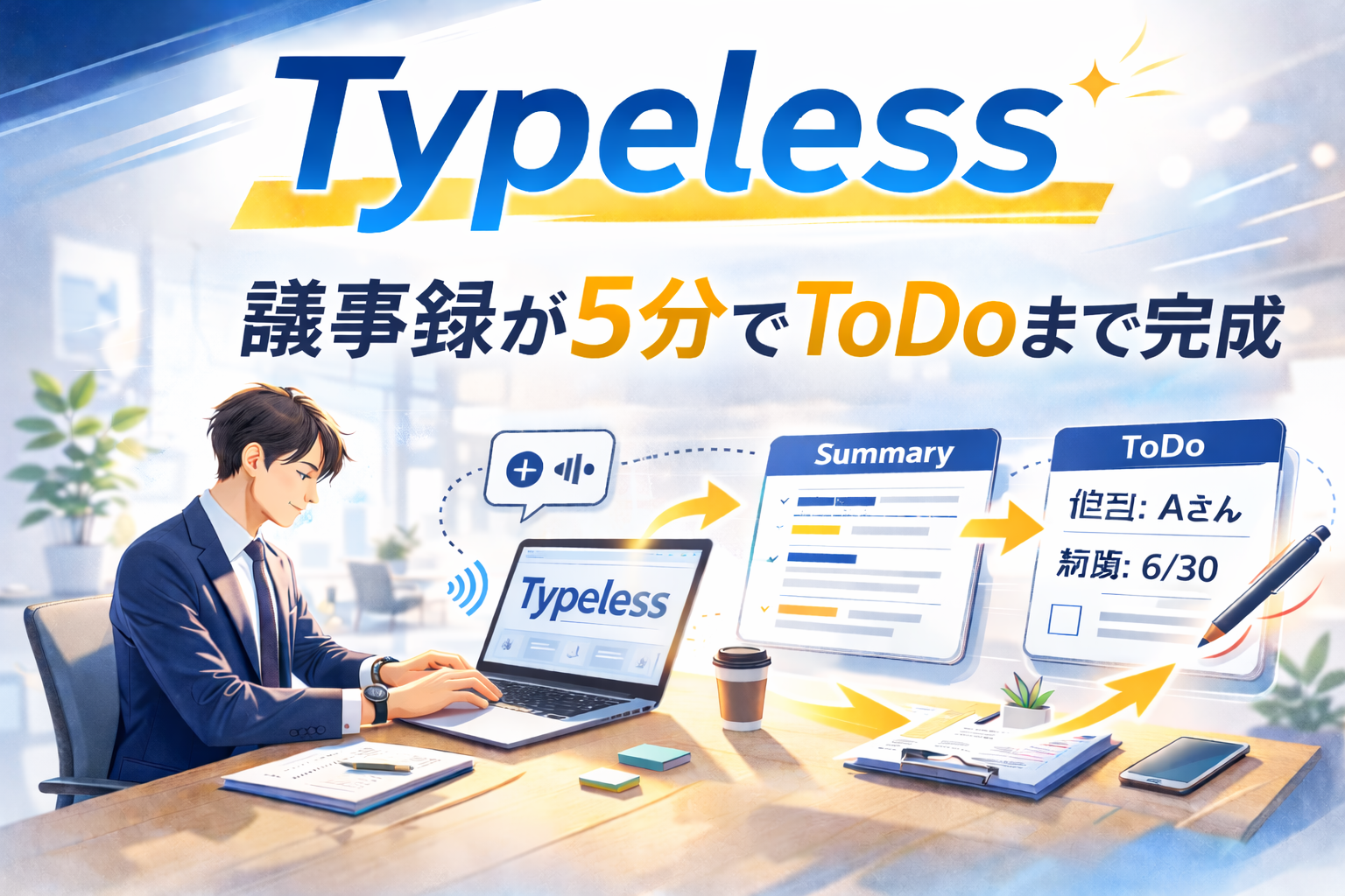 Typelessで議事録が5分でToDoまで完成するイメージ