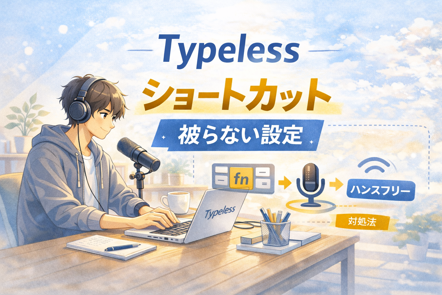 Typelessショートカットのアイキャッチ画像。デスクでPC作業する人物と、fnキー・マイク・ハンズフリーの図解で「被らない設定」と「対処法」を表現。