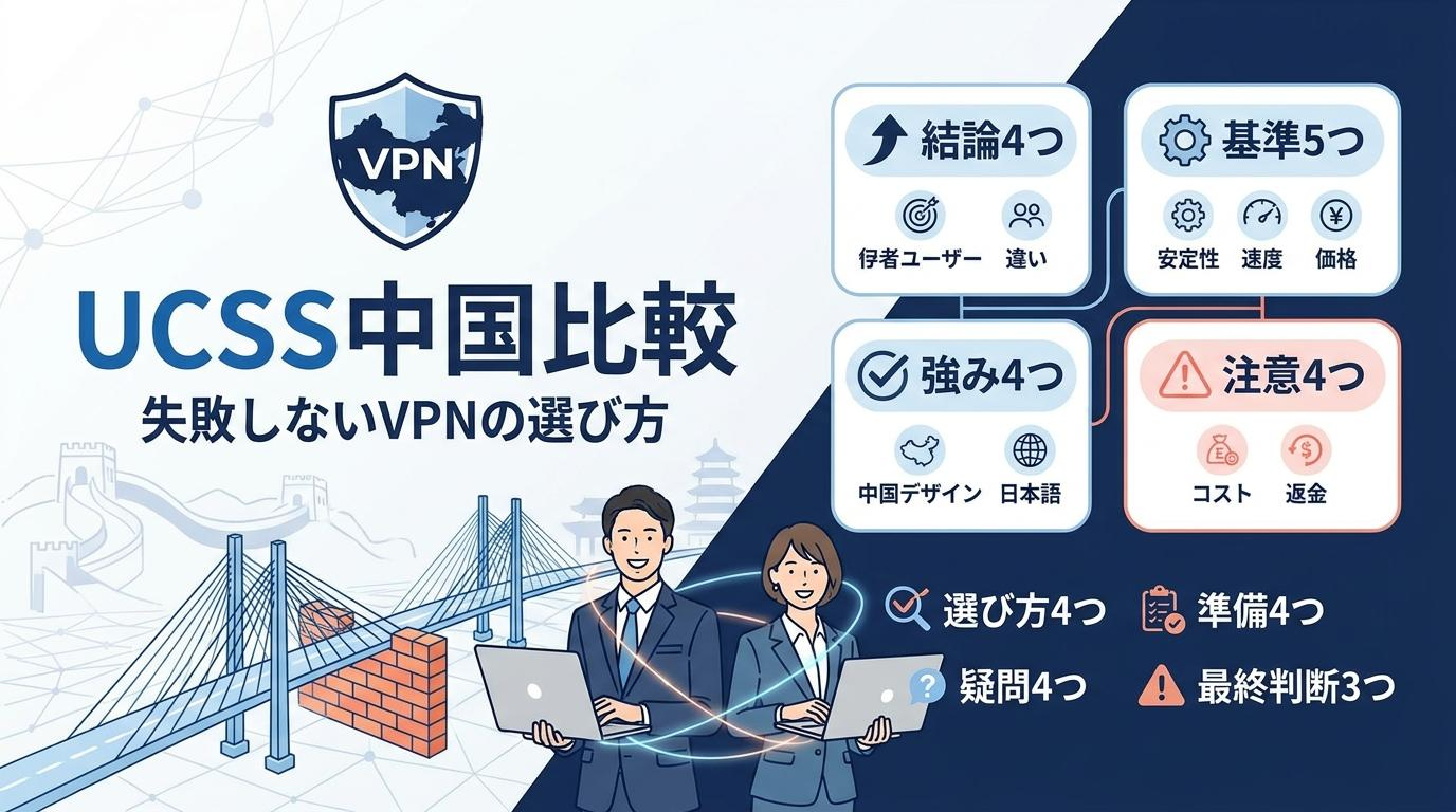 UCSS中国比較の記事アイキャッチ。中国で失敗しないVPNの選び方を紹介する画像