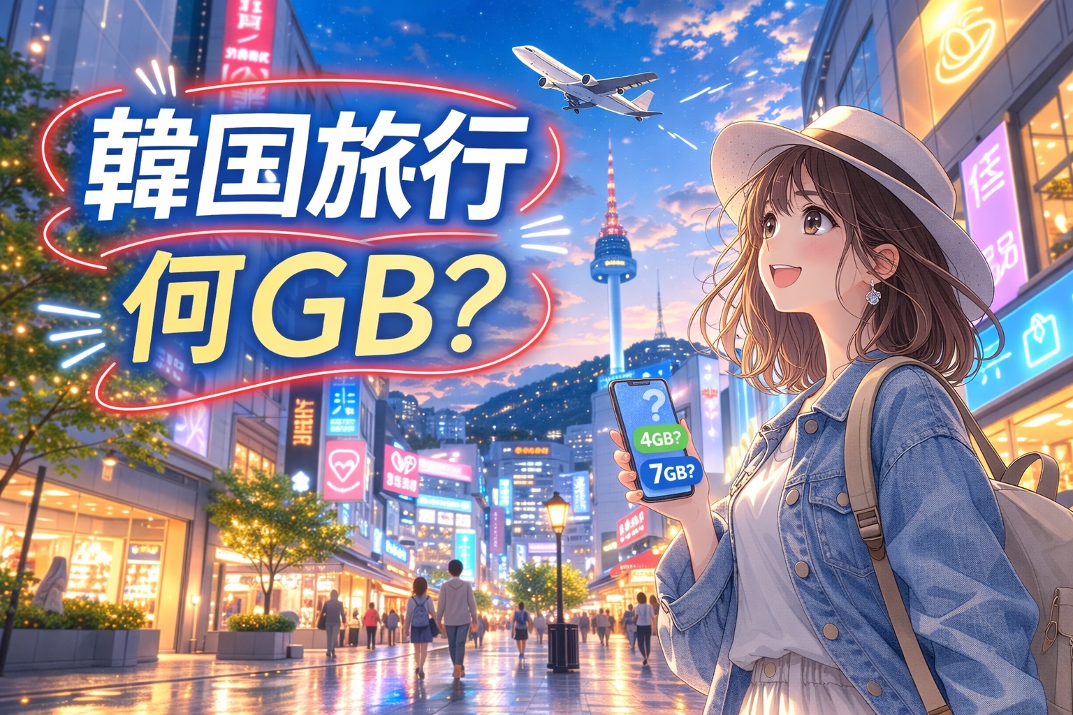 韓国の繁華街でデータ容量4GBと7GBを迷う旅行者のイラスト
