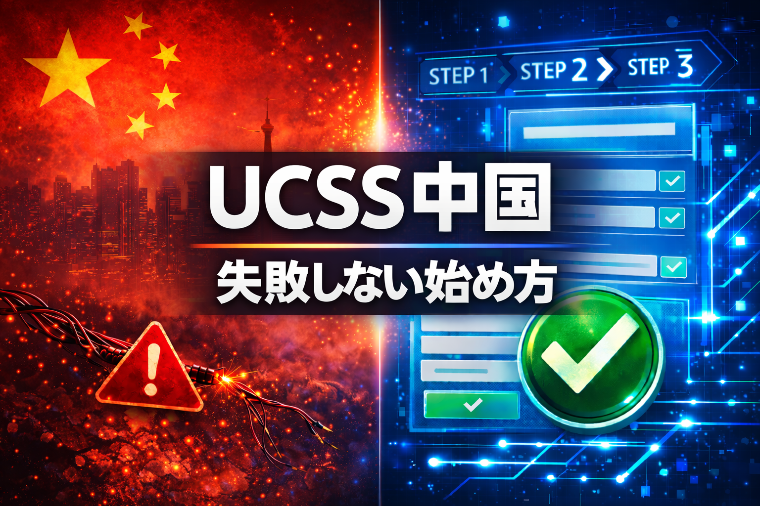 UCSS中国の申し込み方法を解説するアイキャッチ画像。中国の都市と警告表示、申込ステップ画面を背景に「UCSS中国 失敗しない始め方」と表示