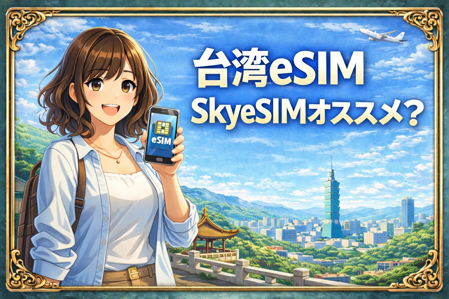 台湾eSIMでSkyeSiMはおすすめかを解説するアイキャッチ画像。台北101を背景にスマホを持つ女性旅行者のイラスト