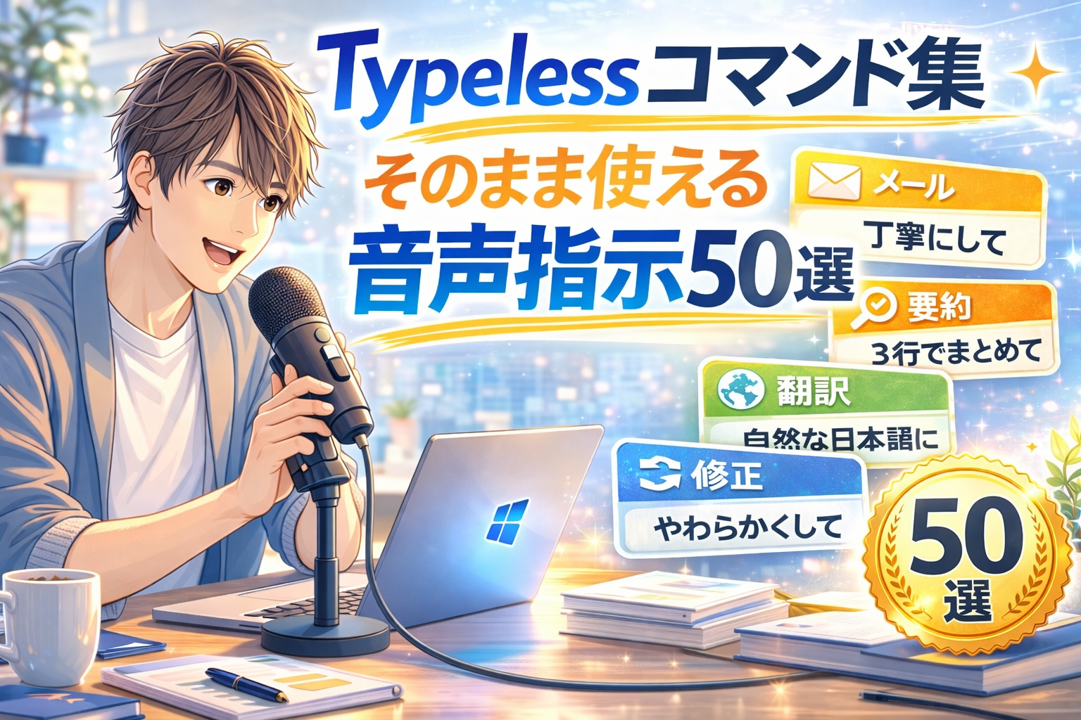 Typelessコマンド集のアイキャッチ画像。マイクに向かって話す男性と、メール・要約・翻訳・修正の音声指示50選を表現したデザイン