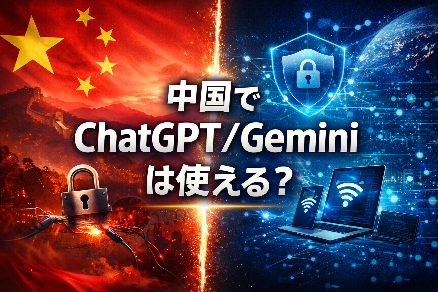 中国でChatGPT/Geminiは使える？赤と青の対比で規制とセキュリティを表現したアイキャッチ
