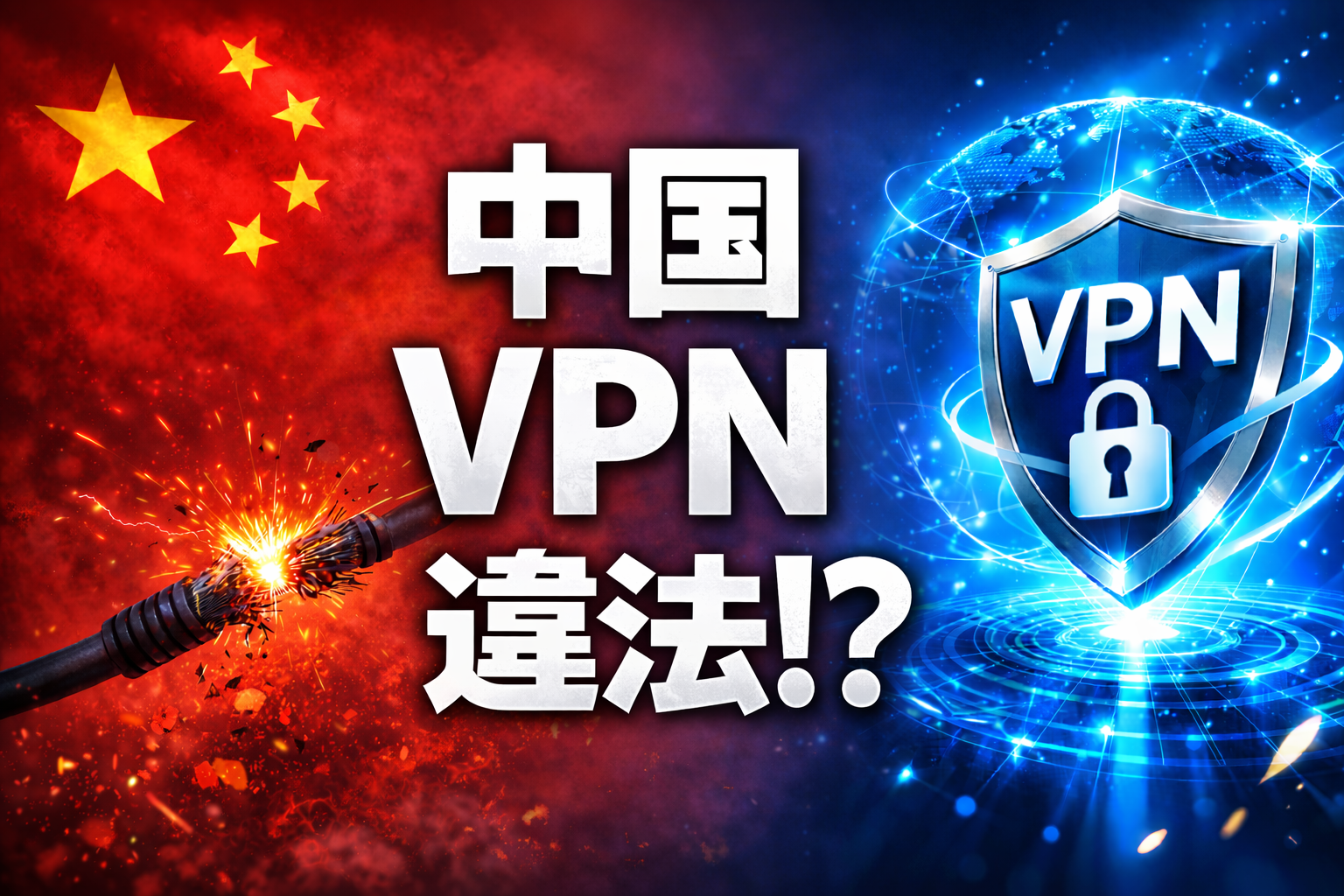 中国でVPNは違法なのかを示すアイキャッチ画像。赤い中国側と青いセキュリティ側の対比、VPN盾アイコンと「中国VPN違法!?」の文字。